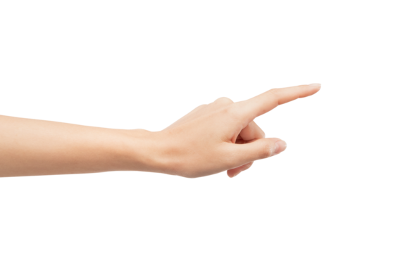Woman hand touching or pointing on isolated white background.