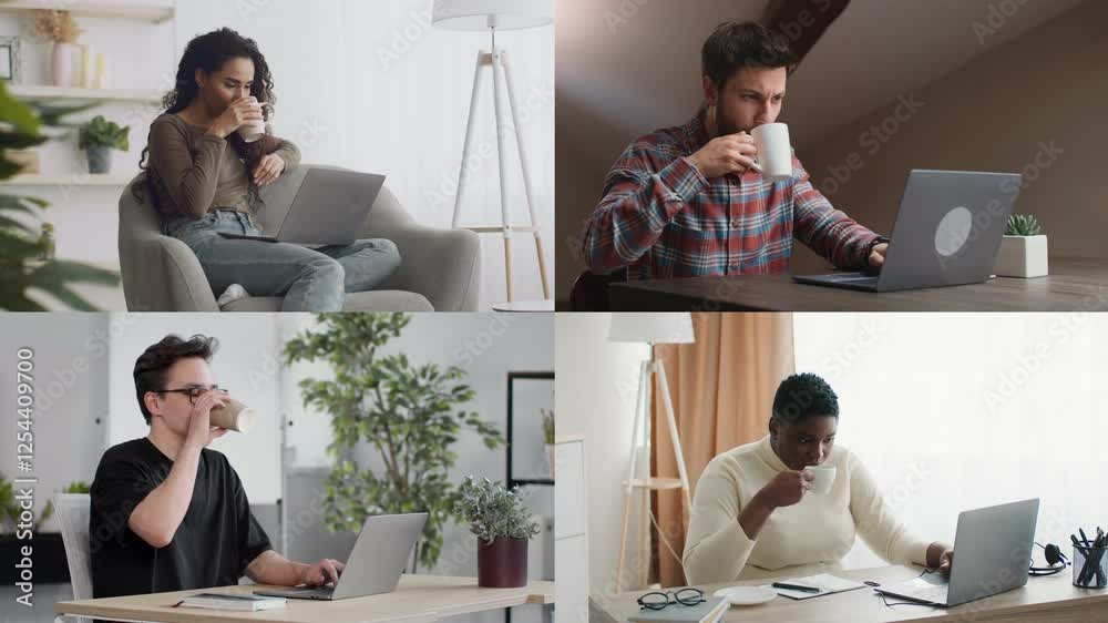 Poster a diverse group of four individuals is focused on their laptops, each working from distinct location