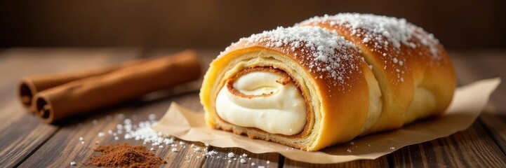 Cinnamon-spiced pastry shell filled with sweet cream, cinnamon roll, baked