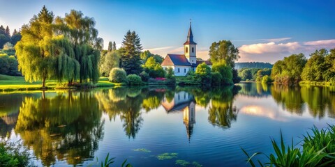 Fototapeta premium A serene lake scene with a small town church in the background