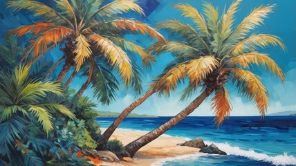Obraz premium Details of acrylic paintings showing colour, textures and techniques. Expressionistic palm tree foliage and blue sea background.
