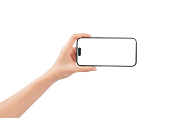 Hand holding the black smartphone with mockup of blank screen on isolated white background.