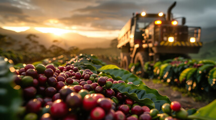 Fototapeta premium Harvest Sunset: Ripe coffee cherries gleam in the golden hour light, a sturdy truck gently moves in the background, conveying a sense of diligent and fruitful coffee harvest on a hillside plantation.