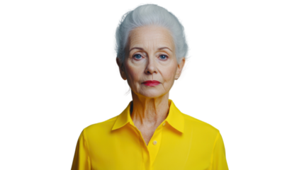Serious senior woman with yellow shirt on transparent background posing for a portrait