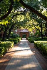 Fototapeta premium Serene pathway through lush greenery leading to a charming archway in a tranquil garden