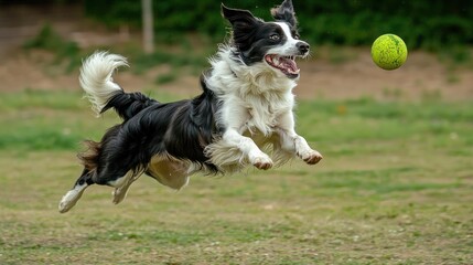 Dog jumping high in the air to catch a ball