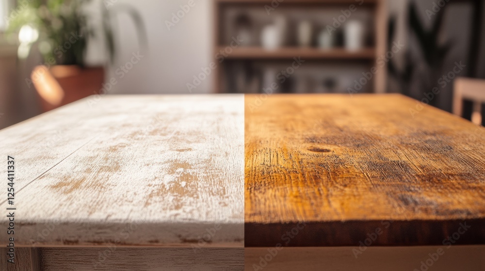 Poster dusty surface contrasts with meticulously cleaned shiny furniture surface showing the difference in 
