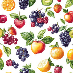 Freshness design pattern with watercolor fruits on transparent background. Hand drawn illustration.