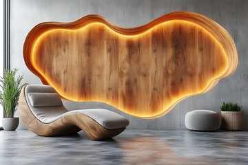 Modern lounge area featuring a sculptural wooden wall with ambient lighting and a sleek chair