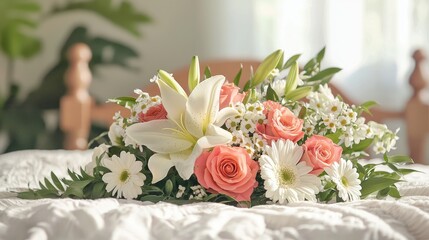 Mother Day flower arrangement with roses, lilies, and daisies