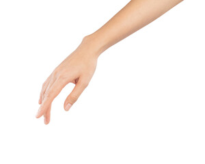 Woman hand touching or pointing on isolated white background.