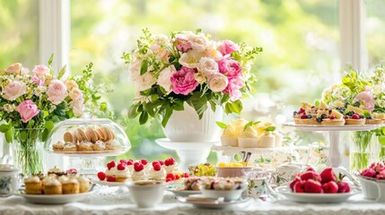 Mother Day brunch table with flowers and a delicious spread