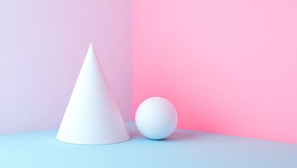 White Cone and Sphere on Pastel Background