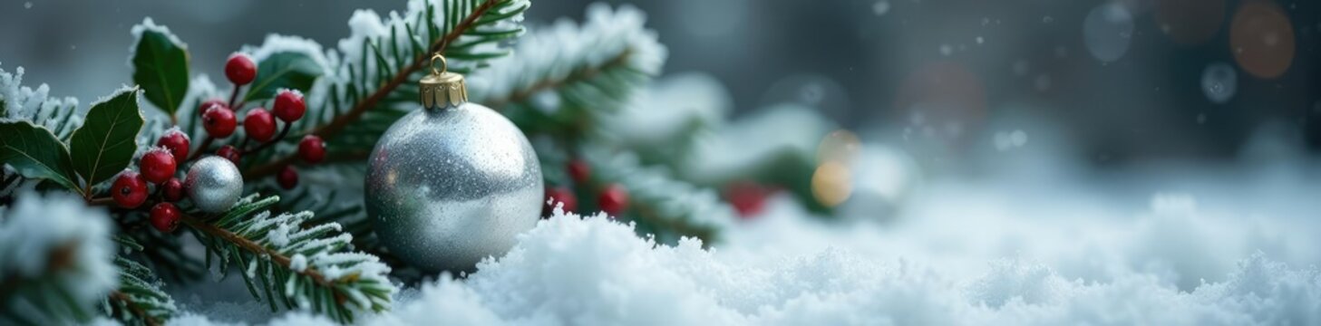Elegant silver ornament rests on frosted fir branch amidst snow, berries, silver ornaments, holly