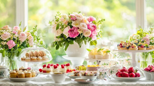 Mother Day brunch table with flowers and a delicious spread