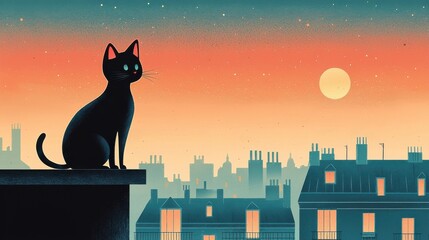 A black cat sitting on a rooftop at sunset in a city.