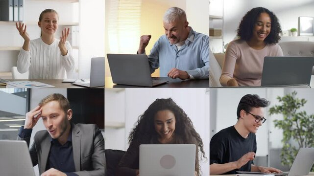 A collage showcases a diverse group of individuals expressing various emotions while participating in online activities. These moments reflect engagement and connection through technology.