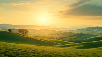 Obraz premium Golden Sunset Over Rolling Green Hills Landscape