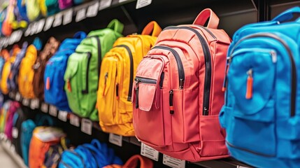 Obraz premium New backpacks for back to school lined up in a retail store