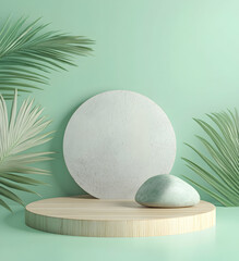 Fototapeta premium Minimalist Zen Product Display, Wooden Podium with Stone and Palm Leaves on a Serene Green Backdrop for Beauty and Wellness Products