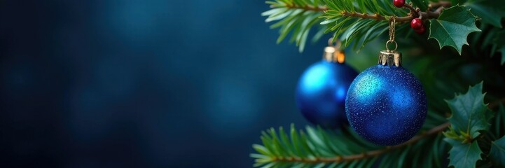 Glittering blue balls and holly leaves cling to a dark green and shiny foliage on the tree branch, blue, dark