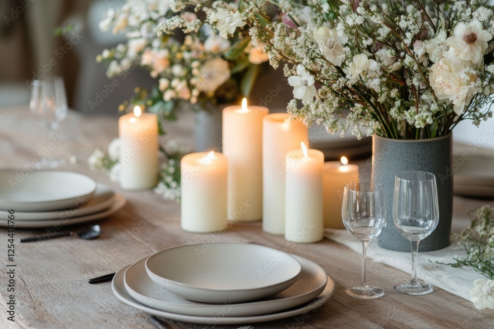 Aufkleber elegant festive dining table adorned with glowing candles and fresh floral arrangements for a memora