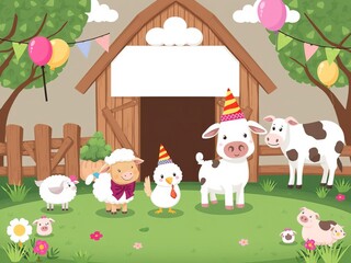 Fototapeta premium Farm barn animals dressed in party hats and surrounded by balloons celebrating a birthday with a cake, presents, and confetti, sheep, horse, dog