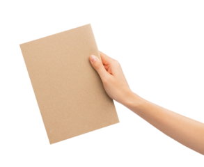 Hand holding blank paper label and mockup for design advertising on isolated white background.