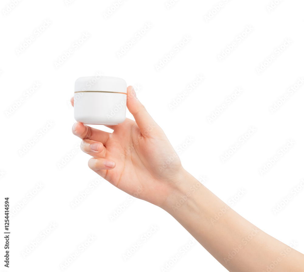 Wall mural Hands holding cream product, blank white plastic cosmetic tube on background. Mockup of packaging.