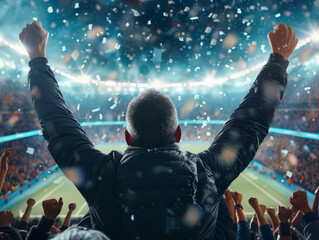 Victory Celebration at the Stadium: A passionate fan, arms raised in triumph, celebrates a hard-won victory amidst a sea of cheering fans and cascading confetti, captured in a dramatic.
