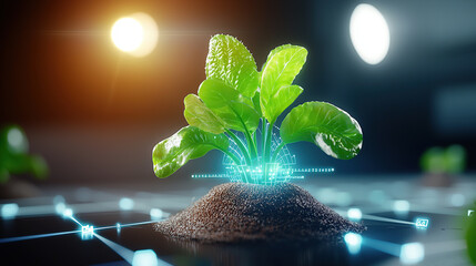 vibrant green plant emerges from soil, surrounded by digital grid, symbolizing futuristic agriculture systems. scene is illuminated by bright lights, highlighting integration of technology farming