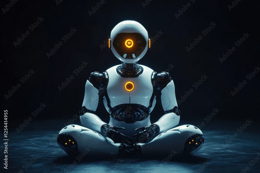 Aufkleber Humanoid robot glowing softly while seated in a dimly lit space, showcasing a blend of technology and minimalism. Generative AI