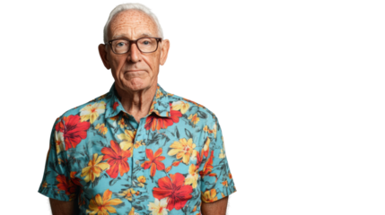 Senior man wearing hawaiian shirt making a neutral face on transparent background