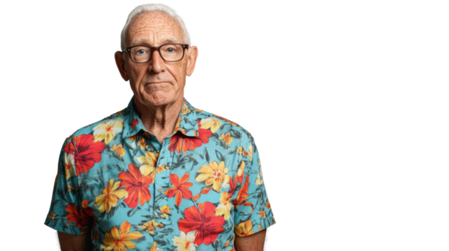 Senior man wearing hawaiian shirt making a neutral face on transparent background