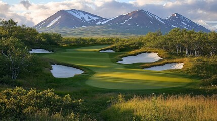 Alaskan golf course sunset, mountain backdrop
