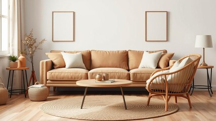 Minimalist and elegant living room with brown sofa, wooden side tables, rattan armchair, mock up poster frames, round rug, and personal accessories, sofa, mock up, brown