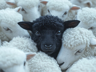 Naklejka premium Black Lamb Standing Out Among White Sheep