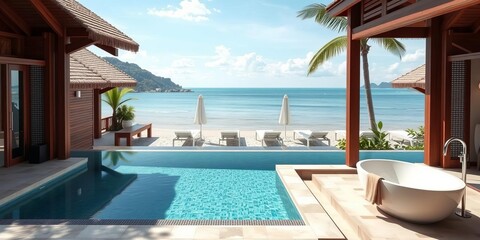 Fototapeta premium Outdoor bathroom with a stunning view of the sea, located at the far end of a pool, rendered in 3D, travel, exotic, waterfront