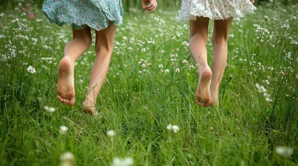 Children running barefoot on soft spring grass in a meadow