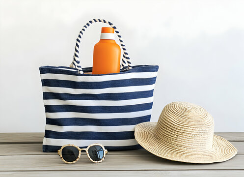 Essential beach accessories, striped tote with sunscreen, stylish sunglasses, and a chic straw hat, all set for a sunny day by the sea on wooden surface