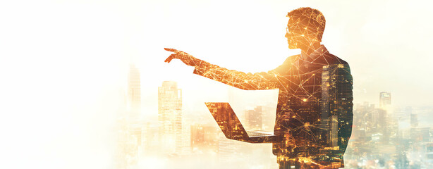Futuristic cityscape overlay on professional silhouette showcasing technological integration, innovation and digital transformation in modern business