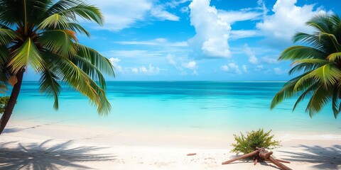 Tropical beach with coconut palms and turquoise sea on Caribbean island, nature, relaxation, caribbean