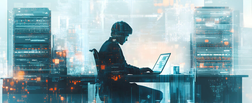 Silhouette of a programmer immersed in code, amidst server racks and an ethereal, digital urban landscape, coding with seamless integration