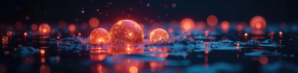 Glowing orbs disperse rapidly across water surface, Darkness, Reflections, Waves