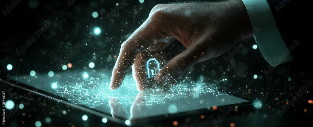 Wall mural illuminating data security, a digital hand safeguarding information with a glowing padlock on a touc