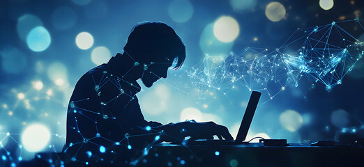 Silhouette of a focused coder immersed in a digital landscape, lines of code and bokeh lights intertwining creativity with technology and digital connectivity