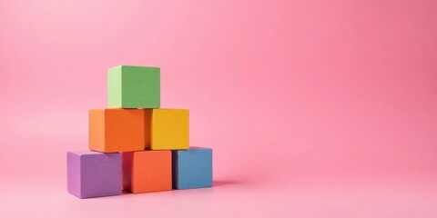 Colorful blocks arranged in a pyramid shape against a pink backdrop. A vibrant and playful image ideal for various projects requiring a sense of creativity and building.