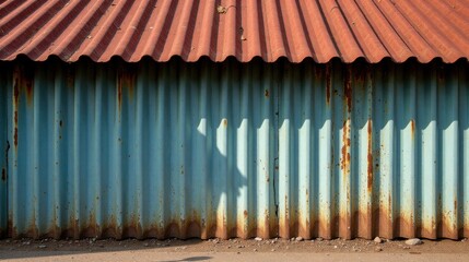 Rustic corrugated metal wall with a weathered, red roof overhead casting shadows