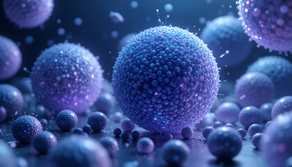 Spherical Clusters of Purple Particles Floating in a Dark Space Background Highlighting Microscopic Detail at a High Magnification