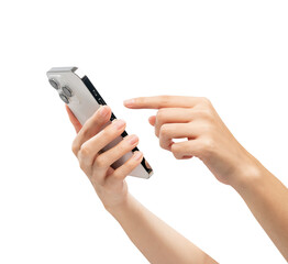 Hand holding the smartphone on isolated white background.